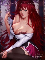 3:4 bent_knees blue_eyes bra breasts cleavage clothed exposing_chest female female_only high_school_dxd holding_shirt lingerie lipstick long_hair looking_at_viewer makeup red_hair red_lips rias_gremory school_uniform shirt_pull shurakrgt sitting smile smooth_skin solo thighhighs underwear uniform wallpaper