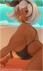 1girls alternate_breast_size bea_(pokemon) beach big_breasts bikini bracelets breasts brown_skin cleavage dark-skinned_female dark_skin eyelashes eyeshadow female female_only hair_accessory huge_breasts jewelry kokobuttz large_breasts lipstick looking_at_viewer looking_back muscular_female orange_lipstick plump_lips pokemon pokemon_ss ring solo tan_skin toned toned_female white_hair