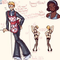 1950s 1:1 1boy 1girls 50s apron arm_up artist_signature back_view black_lingerie blonde_hair bra braces bust_portrait caucasian character_sheet clothes clothing concept_art crossdressing crossdressing_male dark-skinned_female dark_skin desmond_mitchell_(raku_sarvin) dialogue dolly_mitchell_(raku_sarvin) duo effeminate english_text female femboy feminine_male flaccid flaccid_penis foreskin front_view full_body garter garter_belt garter_straps glans glasses heart heart-shaped_pupils heels high_heels highres househusband ibispaintx lace light-skinned_male light_skin lingerie magearna64 male male_focus malewife micropenis mostly_nude multiple_views narrow_hips no_panties original original_character partially_clothed partially_retracted_foreskin pathetic_male penis pinup pinup_pose presenting quotation_marks raku_sarvin reference_sheet ribs see-through see-through_bra see-through_clothing see-through_stockings self_upload sheer sheer_bra sheer_clothing short_hair signature simple_background sketch skinny skinny_male small_hips small_penis smile solo_focus stockings straight submissive submissive_male suit_and_tie sweat text thin thin_waist underwear unfinished womens_lingerie