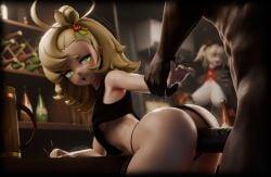 1male 3d 3d_model alcohol alcohol_bottle alcoholic_drink almost_naked ass background background_sex big_breasts black_topwear burnice_white dark-skinned_male dark_skin desk dkclaude3d female fluffy_hair grabbing grabbing_from_behind group_sex hag hair_ornament interracial long_hair penetration penetration_from_behind pin_accessory piper_wheel pleasured public_sex sex sex_from_behind sex_on_desk shortstack small_breasts smaller_female twintails yellow_hair zenless_zone_zero