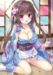 1girl ameto_yuki blue_eyes blush breasts brown_hair cleavage floral_print flower hair_flower hair_ornament highres japanese_clothes kimono large_breasts long_bangs looking_at_viewer maid maid_apron maid_outfit maid_uniform on_floor original panties short_hair sitting sitting_on_floor small_but_busty socks solo tatami wa_maid wide_sleeves