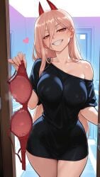 ai_generated big_breasts bottomless breasts breasts_focus chainsaw_man cleavage erect_nipples exposed_shoulders holding_bra hourglass_figure hourglass_figured_female looking_at_viewer nipple_bulge nipples_visible_through_clothing no_bra power_(chainsaw_man) seductive seductive_look seductive_smile slim_waist solo solo_female solo_focus t-shirt thick_thighs thin_waist tshirt wide_hips wienergens
