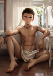 1boy abs aqua_eyes barefoot beitemian betm brown_hair feet hideki_ono_(fallen) human human_only looking_at_viewer male male_only muscles nipples shirtless sitting spread_legs towel towel_around_waist