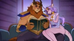 accessory amari_(furlough_games) aroused_female artist_request big_shoulders blue_eyes blush blush_lines book bookshelf bracelet brown_eyes bulge clothed clothing detailed_background dress ear_piercing elbow_tuft elegant_dress epaulet facial_scar fantasy flirting fluffy_mane furniture furry green_sofa heterochromia holding_book horn inner_ear_fluff library light_clothing lion_ears lion_mane long_hair muscular_anthro mythology necklace open_mouth pink_body purple_hair reading_book red_mane romantic_couple rowan_(furlough_games) scar sharp_horn sitting_on_another sitting_on_sofa size_difference small_breasts smaller_female smooth_horn smooth_skin tagme tail thoughtful_expression topless_male
