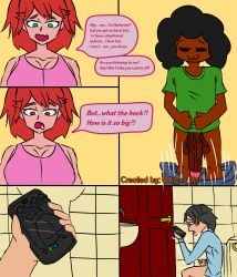 1 1boy alexx_art black_cock black_penis brown_skin comic cuck cucked_by_friend cuckold cuckolding dark-skinned_male dialogue dialogue_box dialogue_bubble female girlfriend green_eyes heart-shaped_pupils huge_ass huge_balls huge_breasts huge_cock netorare nipple_bulge nipples nipples_visible_through_clothing ntr oc oc_character penis_awe red_hair short_shirt shorts smaller_male text tomboy uncensored wide_ass wide_hips
