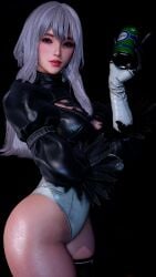 1girls 3d black_hair black_leotard breasts cleavage cosplay crossover_cosplay eve_(stellar_blade) female female_only leotard long_hair looking_at_viewer multicolored_leotard nier nier:_automata nier_(series) selfie solo stellar_blade watermark white_leotard yorha_2b_(cosplay)