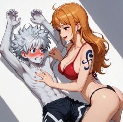 1boy 1boy1girl abs age_difference aged_up ai_generated bikini blue_eyes blush crossover crossover_pairing crossover_shipping female hunter_x_hunter imminent_kiss killua_zoldyck male male/female nami_(one_piece) older_female_and_younger_male one_piece orange_hair pale-skinned_male persuasive straight tattoo teenager voluptuous_female white_hair