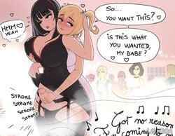 2futas alison_(lewdua) black_hair black_panties blonde_hair blue_eyes blush breast_grab breasts brown_hair clothing dress dress_lift english_text futa_on_futa futanari group handjob intersex large_breasts lewdua long_hair masturbation mole mole_under_mouth nessie_(lewdua) original panties penis public speech_bubble stealth_sex text_box thighhighs