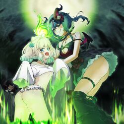3girls :3 ahoge alternate_costume ass bare_shoulders belt big_ass big_breasts black_corset black_dress black_hair black_leg_warmers black_nails black_wings blue_eyes blunt_bangs blush bow bow_panties breasts chains choker cleavage clothing_cutout collar corset cropped_shirt cross-laced_clothes cross-laced_corset cyan_ribbon demon_girl demon_horns demon_wings dress female fingernails frilled_dress frilled_panties frills froot ghost ghost_costume gluteal_fold gradient_hair green_eyes green_hair grey_hair hair_belt hair_ornament hairbow halloween heart-shaped_pupils heart_cutout hiding highres horns indie_virtual_youtuber jewelry large_breasts leg_warmers long_sleeves looking_at_viewer maid_headdress medium_breasts medium_hair mint_fantome miya_mareena moon multicolored_hair multiple_girls oerba_yun_fang off_shoulder open_mouth panties peeping pointy_ears purple_eyes red_bow red_hair red_horns red_ribbon red_sky ribbon shark_girl shark_tail shirt short_hair sidelocks skin_fang sky sleeveless sleeveless_dress sleeves_past_fingers sleeves_past_wrists smile smug spiked_choker spiked_collar spikes stomach tail teeth thigh_belt thigh_strap thighs triangular_headpiece two_side_up underwear virtual_youtuber vtuber white_hair white_panties white_shirt wings x_hair_ornament