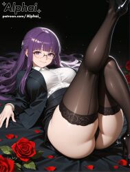 fern_(sousou_no_frieren) sousou_no_frieren frieren_beyond_journey's_end 1girl ai_generated anime female_focus solo on_back lying looking_back breasts ass big_ass ass_focus purple_hair long_hair hair_ornament semi-rimless_eyewear glasses white_shirt collared_shirt shirt suit_jacket tight form-fitting smooth pencil_skirt office_lady straight_skirt thigh_cutout latex_skirt black_skirt sheer_thighhighs black_thighhighs thighhighs black_high_heels high_heels heels footwear ass_visible legs_up bended_knees smirk horny_expression from_above side_angle black_background simple_background roses fat_ass tight_clothing ass_tight raised_eyebrows naughty_face volumetric_lighting dramatic_shadows cinematic_lighting colorful_background detailed_background particles skindentation detailed_skin detailed_hair depth_of_field semirealistic patreon patreon_url patreon_link patreon_username 2025 2026 highres high_resolution high_quality absurd_res absurdres blushing ai ai_art ai_assisted ai-created alphai