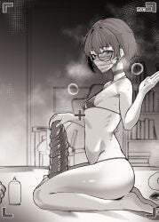 1girls big_dildo bikini camera camera_view choker dildo female glasses green_chan_(greenopi) greenopi huge_dildo lube lube_bottle mask medium_hair preparation short_hair slim_waist small_breasts solo_female surgical_mask thighs