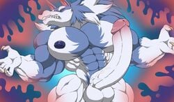 abs anthro areola balls biceps big_balls big_pecs big_penis black_nose blue_fur blue_nipples canine capcom circumcised claws closed_eyes darkstalkers dirty-canvas erection fur gallon huge_balls hyper hyper_muscles hyper_penis jon_talbain male male_only mammal multicolored_fur muscular muscular_male nipples pecs penis quads serratus sharp_teeth solo teeth triceps vampire_savior vein veiny_penis video_games were werewolf white_fur wolf