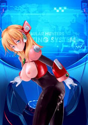 alia android bangs bent_over blonde_hair blue_eyes bodysuit breasts breasts_out cum cum_on_ass cum_on_clothes eyebrows_visible_through_hair female framed_breasts gloves headgear large_breasts long_hair mega_man mega_man_x microphone nipple robot_ears robot_girl solo white_gloves