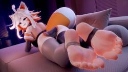 1girls 3d ass back_view barefoot demenishki fangs feet feet_focus female female_only foot_fetish foot_focus fox_ears fox_girl gold_toenails indie_virtual_youtuber light-skinned_female light_skin mostly_clothed multicolored_hair pippersad presenting_feet purple_eyes soles solo stirrup_legwear tail toeless_legwear toes virtual_youtuber vtuber