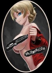 1girls abazu-red big_breasts blonde_hair blue_eyes braid breasts busty censored convenient_censoring darjeeling english_text female female_focus female_only from_side girls_und_panzer grin highres jacket large_breasts long_sleeves looking_at_viewer military military_uniform off_shoulder open_clothes open_jacket parted_lips pose posing pulled_by_self red_jacket seductive seductive_look seductive_smile sensual sexy sexy_pose short_hair sideboob smile solo source_request st._gloriana's_military_uniform standing teeth twin_braids undressing upper_body voluptuous