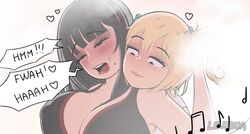 2futas alison_(lewdua) black_hair blonde_hair blue_eyes blush breasts brown_hair clothing english_text futa_on_futa futanari half-closed_eyes intersex large_breasts lewdua long_hair masturbation mole mole_under_mouth nessie_(lewdua) open_mouth original public smile speech_bubble stealth_sex textured_background