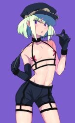 1boy androgynous blush bob_cut choker collar costume femboy femboy_only femboydom feminine_male gloves lio_fotia male_stripper minishorts nipple_slip petite petite_body petite_male police_hat short_hair shorts slim slim_male slim_waist solo stripper stripper_clothes thigh_strap twink whip