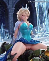 1boy 1girl1boy 3d 3d_(artwork) 3d_animation ai_generated animated animated_image big_eyes big_penis blonde_female blonde_hair blue_eyes braid cowgirl cowgirl_position crown dress elsa_(frozen) female_on_top frozen halo halo_(game) halo_(series) male_penetrating male_penetrating_female master_chief no_panties sound sound_effects tagme thick_thighs vaginal_penetration vaginal_sex video