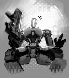 2018 armor black_body breastplate chest_plate featureless_face female gun helmet hourglass low-angle_view machine mec_(x-com) monochrome no_humans painted psyk323 pussy ranged_weapon robot simple_background solo surprise video_games weapon white_body wide_hips