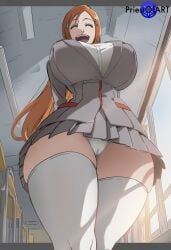 1girls ai_generated big_breasts bleach busty cameltoe closed_eyes curvy curvy_body female female_only from_below huge_breasts indoors inoue_orihime jacket orange_hair panties priestofart school_uniform schoolgirl shiny shirt skirt smile solo solo_female thick_thighs thighhighs watermark white_panties wide_hips