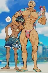 abs balls balls_peek beach big_pecs bulge closed_eyes drink full_body gay genshin_impact holding_drink idoraad kinich_(genshin_impact) lilprincyvi male male_focus male_only male_swimwear muscular muscular_male necklace nipples pecs sandals size_difference standing swim_shorts swimwear varka_(genshin_impact) yaoi