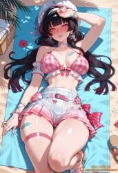 1girl ai_generated artist_name bandaid bare_shoulders belt bikini black_hair blush bracelet breasts chisa_(wuthering_waves) hairband hat jewelry large_breasts long_hair looking_at_viewer lying on_back parted_lips patreon patreon_username sandals skirt solo swimsuit tagme_(artist) thigh_strap thighs twintails white_headwear wuthering_waves