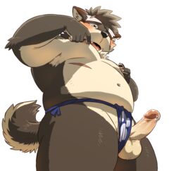 balls belly blush canine clothing erection fundoshi japanese_clothing male male_only mammal moobs moritaka mostly_nude navel nipple_pinch nipple_play penis pinch precum rossciaco scar slightly_chubby solo tokyo_afterschool_summoners underwear