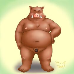 2014 anthro brown_body brown_fur humanoid_hands mammal overweight solo toshi_(artist) wild_boar