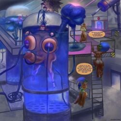 blue_blood bondage carrying_over_shoulder commission hyper_testicles imprisoned injection jigglywiggly laboratory needle oompa_loompette science_fiction severed_balls severed_body_part severed_genitals