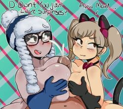 1boy 2girls alternate_costume areolae big_breasts black_cat_d.va blizzard_entertainment blush breast_press breast_squeeze breast_to_breast breasts brown_eyes brown_hair cat_ears cat_tail cum cum_on_breasts cum_on_face cum_on_glasses cumming cumming_from_paizuri cumshot d.va darkprincess04 double_paizuri ecopoint:_antarctica_mei ejaculation ejaculation_between_breasts female female_focus glasses gloves hat highres large_breasts male mei_(overwatch) nude nude_female nude_male overwatch paizuri penis straight teamwork