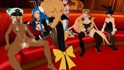 1boy 3d 5girls after_sex after_vaginal ahegao arc_system_works bunny_girl cheating cheating_wife dizzy_(guilty_gear) doggy_style family_sex female_masturbation fingering guilty_gear guilty_gear_strive happy_sex harem highres incest jack-o'_valentine lolikill looking_at_another millia_rage ntr pushing pussy_juice pussy_juice_drip queen_dizzy ramlethal_valentine sitting sofa sol_badguy teamwork unika_(guilty_gear)