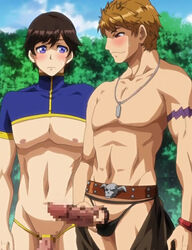 2boys blue_eyes blush boner brown_hair censored east_asian east_asian_male erect_penis erection gay hair hard_on huge_cock kai_(oide_yo!_mizuryuu-kei_land) male male_focus male_only mosaic_censoring multiple_boys muscle muscles muscular muscular_male nipples oide_yo!_mizuryuu-kei_land orange orange_hair ova pecs penis production_studio_for_tv_series smile stitched sweat testicles third-party_edit veiny_penis yaoi yuuta_(oide_yo!_mizuryuu-kei_land)