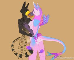 2018 anthro avian bird breast_grab breasts colorful feline female fur gryphon hand_on_breast hybrid leopard mammal nipples nude open_mouth pussy simple_background smile toucan wilczeu yuri