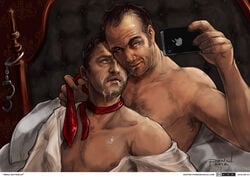 2boys actor after_kiss angel armpit_hair bara beard_stubble bed biceps blue_eyes castiel castiel_(supernatural) celebrity crowley crowley_(supernatural) cum cum_in_mouth cum_on_face demon gay hairy_chest handcuffs in_bed in_character king_of_hell light_skin looking_at_partner male male/male male_only mark_sheppard misha_collins muscular muscular_male nipples open_shirt partially_clothed pecs phone_camera ponderosa selfie shirt stubble supernatural supernatural_(series) tie yaoi