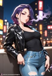ai_generated blowing_smoke cigarette cigarette_in_hand cigarette_smoke jeans leather_jacket medium_breasts pov_eye_contact punk punk_girl purple_eyes purple_hair seductive seductive_eyes seductive_look seductive_mouth sexy sexy_pose smoke_from_mouth smoking smoking_cigarette smoking_fetish solo_female tank_top