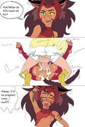 adora breasts catra cum cum_in_pussy cum_inside dress futa_on_female futanari heterochromia impregnation instant_loss_2koma intersex mating_press netflix penis pussy rape she-ra she-ra_and_the_princesses_of_power skirt straight_hair text vaginal_penetration white_dress white_skirt