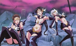 3girls anthro_only bishoujo_senshi_sailor_moon black_legwear blood blue_eyes blush boots breasts brown_eyes brown_hair clothing defeat earrings groin highres jewelry large_breasts multiple_girls open_mouth panties sailor_star_fighter sailor_star_healer sailor_star_maker sailor_starlights seiya_kou short_hair shorts small_breasts smooth_skin star star_earrings stockings taiki_kou tare-katsu thigh_boots thighhighs tiara torn_clothes underwear white_hair yaten_kou yellow_pupils