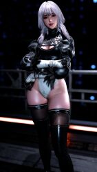 1girls 3d black_hair black_leotard breasts cleavage cosplay crossover_cosplay eve_(stellar_blade) female female_only leotard long_hair looking_at_viewer multicolored_leotard nier nier:_automata nier_(series) selfie solo stellar_blade watermark white_leotard yorha_2b_(cosplay)
