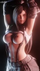 1girls 3d 3d_(artwork) areolae armpits belly big_breasts black_background black_hair blender breasts breasts_out dark_hair exposed exposed_breasts female female_only final_fantasy final_fantasy_vii flat_belly hi_res highres jul3d jul3dnsfw large_breasts light-skinned_female light_skin long_hair looking_to_the_side makeup nail_polish navel nipples no_bra painted_nails pose posing red_eyes shirt_up slim_waist solo straight_hair tifa_lockhart tits_out uncensored upper_body wide_hips
