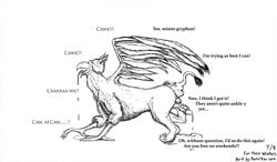 2018 anus avian balls buttface dialogue drooling eyewear feline feral glasses gryphon lion male mammal masturbation monochrome orgasm penile_masturbation penis postalroo saliva signature simple_background text transformation udtf what white_background wings