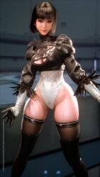 1girls 3d 3d_(artwork) black_hair black_leotard breasts cleavage cosplay crossover_cosplay eve_(stellar_blade) female female_only leotard long_hair looking_at_viewer multicolored_leotard nier nier:_automata nier_(series) selfie solo stellar_blade watermark white_leotard yorha_2b_(cosplay)
