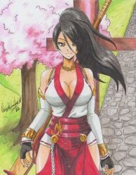 1girls 2022 bare_shoulders black_hair breasts cherry_blossoms cleavage dead_or_alive fingerless_gloves gloves highres large_breasts long_hair momiji_(ninja_gaiden) ninja_gaiden ponytail ravern_clouk tecmo tree