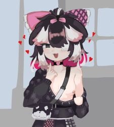 1girls bag black_bag black_choker black_eyes black_hair black_shirt black_skirt bow breast_out character_request collarbone dadadadadada eyepatch heart_choker jang_schna medium_breasts multicolored_hair nipples one_breast_out pink_bow pink_hair project_moon shirt short_hair solo streaked_hair virtual_youtuber white_hair