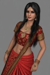 3d 3d_(artwork) ai_generated bangle black_eyes black_hair dark-skinned_female earrings gold_jewelry indian indian_clothes indian_female jewelry navel necklace saree sari standing