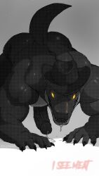 5_fingers absurd_res all_fours anthro ass ass_up biceps big_butt bodily_fluids claws clothing cowboy_hat crocodile crocodilian erection fingers genital_fluids genitals glitch_productions gummigoo_(the_amazing_digital_circus) hat headgear headwear hi_res hjsakldfhl_(tadc) looking_at_viewer male male_only muscular muscular_anthro muscular_male pecs penis precum precum_on_ground precum_string prey_pov reptile saliva scalie sharp_teeth solo tail teeth text the_amazing_digital_circus translucent twitter_link vein veiny_penis watermark yellow_eyes zuchawry