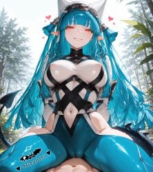 1boy absurd_res absurdres ai_generated arknights arknights:_endfield arms_behind_back bangs blue_bodysuit blue_hair blunt_bangs blush bodysuit breasts cameltoe clothing_cutout covered_navel covered_nipples cowgirl_position demon_tail female forest grin highres hip_vent large_breasts last_rite_(arknights) last_rite_(arknights:_endfield) long_hair long_sleeves looking_at_viewer nature navel nipples niraniri orange_eyes outdoors pointy_ears see-through sitting sitting_on_person smile solo_focus spread_legs straddling straight tail teeth thigh_cutout thighs tree very_long_hair white_headwear
