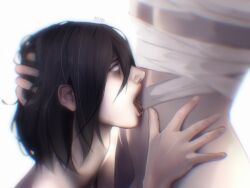 bandaged_chest bandages black_hair bungo_stray_dogs dazai_osamu devotional exposed_torso eyes_looking_up eyes_open fyodor_dostoevsky gay holding_head licking_stomach pretty_boy teasing violet_eyes worship