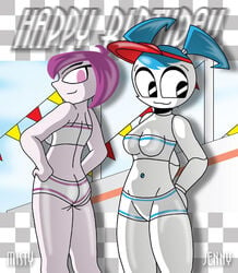 2girls black_eyes cleavage hands_on_hips happy_birthday jenny_wakeman misty_(mlaatr) multiple_girls my_life_as_a_teenage_robot nickelodeon pink_eyes purple_hair robot_girl short_hair shorts sideboob smile smooth_skin standing white_shirt white_shorts x^j^kny xj-9 xjkenny