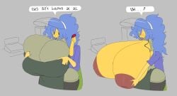 1boy 1girls 4four44 apron areolae ass blue_hair blush blush_lines breasts cash_register cashier english_text exposed_breasts female female_focus hands_on_breasts hips holding_breast hyper hyper_breasts inverted_nipples large_breasts male nipples text thick_thighs thighs yellow_body yellow_skin