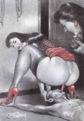 2girls big_ass big_butt big_butt_(female) black_and_white black_and_white_and_red bondage bubble_ass bubble_butt camera dominant_female domination facesitting feces feces_in_mouth feces_on_face japanese_female namio_harukawa photographing scat shitting shitting_on_face shitting_on_person taking_photo vintage